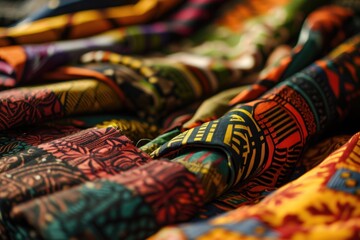 Fototapeta premium Colorful African Ghanaian fabrics spread out on table.