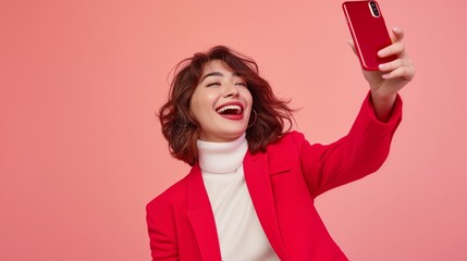 Naklejka premium Young Woman Taking a Selfie in Red, Capturing Moments of Happiness and Self-Expression