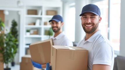 Friendly Movers Holding Cardboard Boxes, Teamwork and Relocation Services, Smiling and Professional