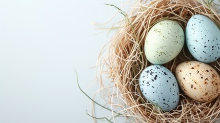 Obraz premium Rustic Easter eggs in nest on white background. Copy space for text. generative AI