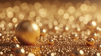beautiful background from a scattering of various golden balls, sparkles lights. banner, copy space