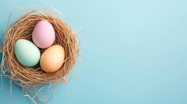 Rustic Easter eggs in nest on pastel blue background. Copy space for text. generative AI