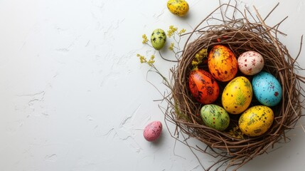 Rustic Easter eggs in nest on white background. Copy space for text. generative AI - obrazy, fototapety, plakaty