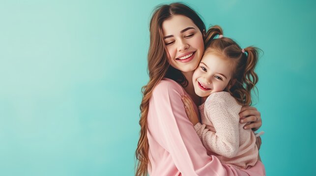 Happy mother's day. A Daughter hugs with mother celebrating mother's day on green pastel background
