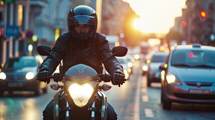 A true urban hero, the motorcyclist dominates the concrete jungle with their fearless spirit. - obrazy, fototapety, plakaty
