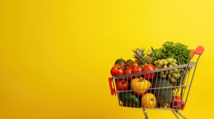Shopping cart trolley full of fresh groceries on yellow background. Space for text
