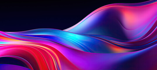 Abstract fluid iridescent holographic curved wave in motion colorful gradient design on black background