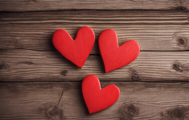 Red hearts on a wooden table, Background of pink hearts for valentine's day, Red heart on wood table.