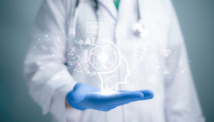 Concept of healthcare and medical AI technology services,Medical worker touch virtual medical...