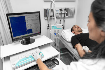 EMG Electromyogram EMG EP measurement system. Patient nerves testing using electromyography. EMG to check the muscles. Somatosensory Evoked Potentials SEP or Nerve Conduction Velocity NCV