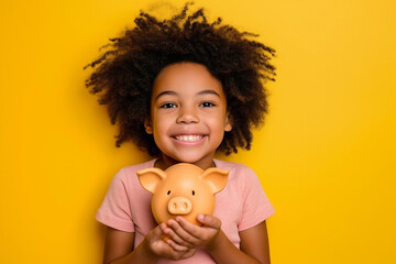 Smiling mixed race girl holding piggy bank on vivid yellow background. 