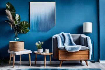 living room interior with blue wall