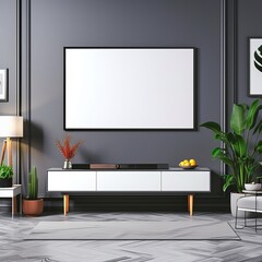 Modern Living Room with Elegant White TV Console, Decorative Plants, and Artistic Floor Design