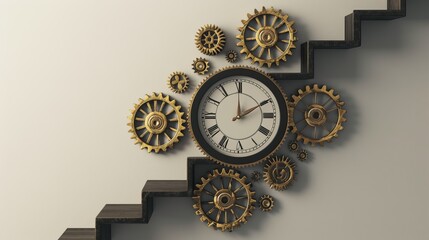Elegant Wall Clock with Golden Gears and Black Stairs Design on Light-Colored Wall