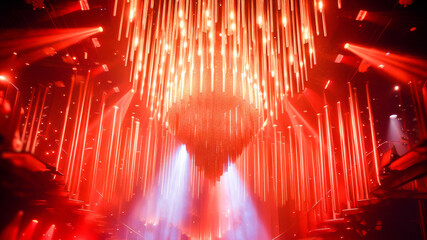 Stunning red light glowing from a big chandelier