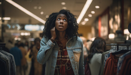 Fototapeta na wymiar A confused black woman shopping for clothes