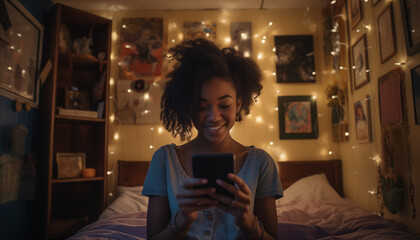 A young black teenage girl looking at the screen of her phone in her room
