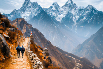 Hikers trekking along a scenic mountain trail with majestic snow-capped Himalayan peaks in the background. © apratim