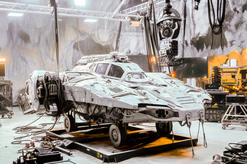 A detailed sci-fi movie spaceship prop on a film set with cinematic lighting and studio equipment.