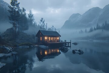 Fototapeta premium cabin nestled in a snowy mountain landscape