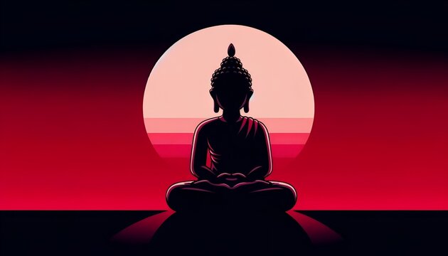 Cartoon style illustration of a buddha statue silhouette in meditation.