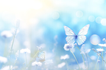 Beautiful blurred spring nature background with blooming meadow and blue sky on a sunny day. Butterfly and blue flowers, with soft selective focus.
