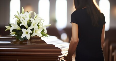 A Solemn Woman with White Lily Flowers Stands by a Coffin During a Funeral Service