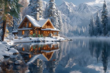  cabin nestled in a snowy mountain landscape