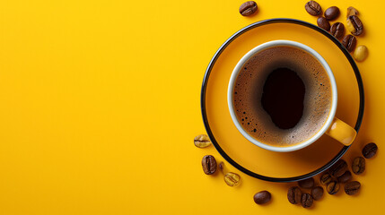 Hot black coffee in a white cup on a yellow plate with coffee beans on a yellow table - Powered by Adobe
