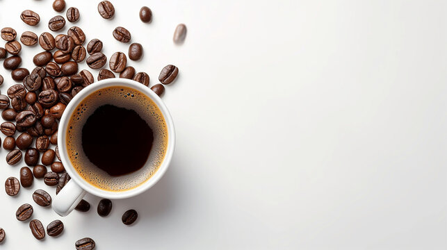 Morning Espresso Break: A hot black coffee in a white mug with beans, isolated on a saucer, capturing the fresh aroma of a delightful morning beverage