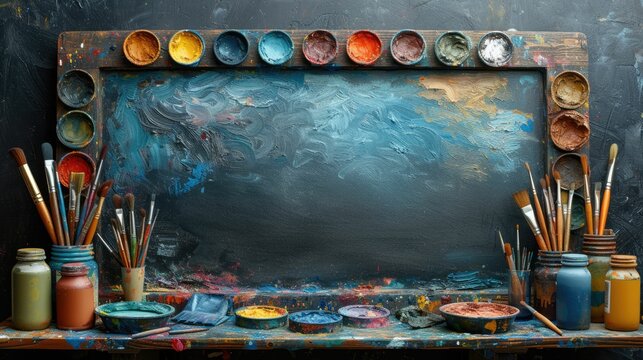 Artistic Supplies Panorama: Paint Palettes & Brushes on Chalkboard