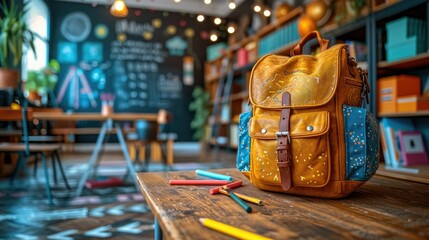 Fototapeta premium Panoramic Modern Backpack Spilling School Supplies