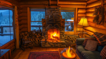 Warmth of Home: Lit Fireplace in a Cozy Cabin