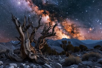 An ancient bristlecone pine forest under a star-filled night sky, majestic nature landscape and background.
