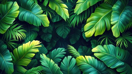 pattern of tropical palm and banana leaves vintage style with a 3D feel, rich and vibrant for premium fabric printing and goods. - obrazy, fototapety, plakaty