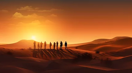 Poster Diverse group of tourists are standing at sunset dunes. People and silhouettes against sandy dunes © Ziyan Yang