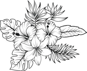 Tropical wreath with hand drawn outline leaves and tropical flowers, garden flowers and insects in sketch style.