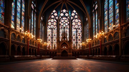 a church with stained glass windows and a light shining through the window panes on the floor. - obrazy, fototapety, plakaty