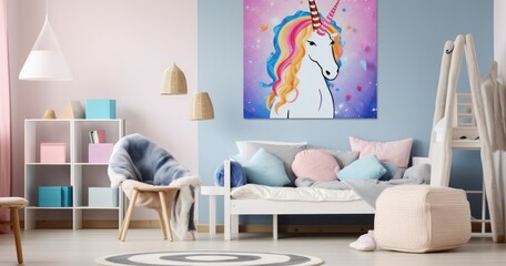 A Kid's Bedroom Wonderland with Unicorn and Ice-Cream Posters, Soft Bedding, and a Snug Armchair