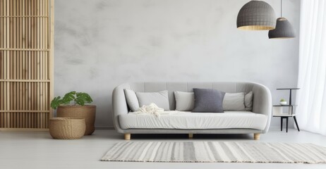 Gray sofa with decorative cushions in open space flat