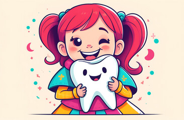 Smiling red-haired girl holds cartoon tooth 