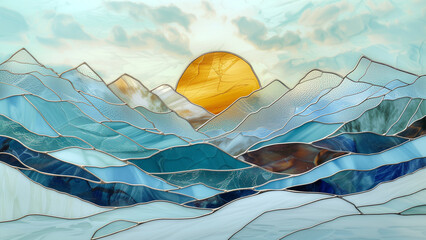 Serene Stained Glass Landscape: Mottled Snow Mountains