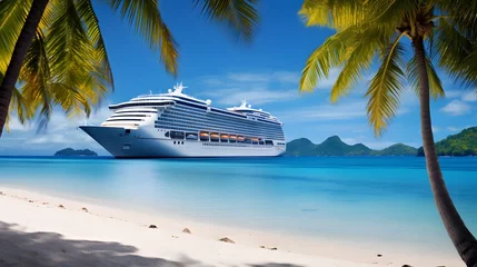 Foto op Canvas Large cruise ship in front of a small tropical island with palm trees with a beautiful sandy beach, surrounded by turquoise sea water, in the background a clear sky with white clouds. © Ziyan Yang