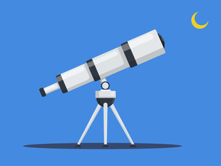 Modern portable telescopes set isolated flat illustrations. Vector optical device to explore, discover galaxy, cosmos, and space. Telescope on a tripod stand, educational tool
