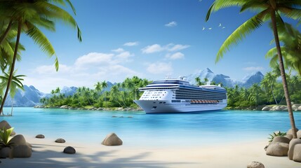 Large cruise ship in front of a small tropical island with palm trees with a beautiful sandy beach, surrounded by turquoise sea water, in the background a clear sky with white clouds.