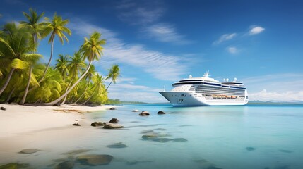 Large cruise ship in front of a small tropical island with palm trees with a beautiful sandy beach, surrounded by turquoise sea water, in the background a clear sky with white clouds.