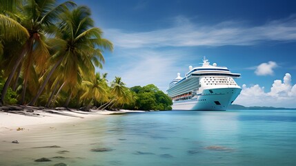 Large cruise ship in front of a small tropical island with palm trees with a beautiful sandy beach, surrounded by turquoise sea water, in the background a clear sky with white clouds. - obrazy, fototapety, plakaty