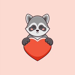 Cute little raccoon holding red heart love in cartoon style. Vector flat illustration