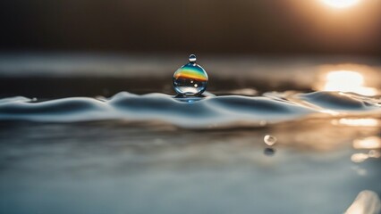 drops of water on a glass  A water drop out, depicting the diversity and the beauty of water. The drop is rainbow and colorful 