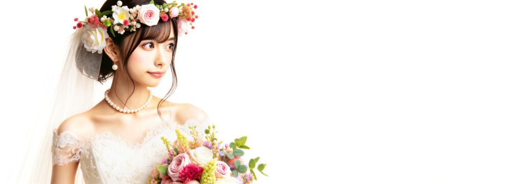 ウェディングドレスを着た若い日本人女性。結婚イメージ。画像生成AI。